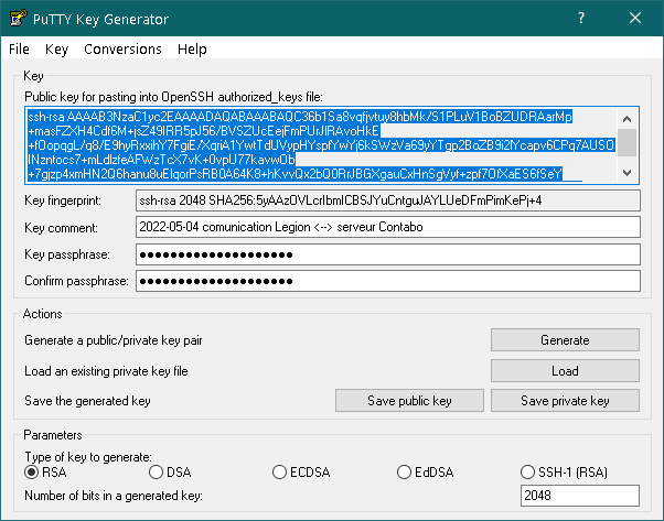 Génération des clés publique et privée dans PuTTY key Generator